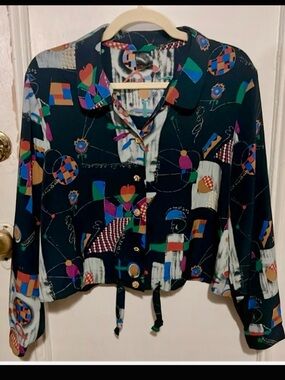 80s Vintage Geo Print Top Abstract Art Eclectic Grandpa Retro Bomber Blouse